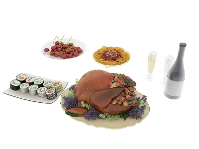Delicious Roasted Turkey Sushi Pasta Cherries And Champagne On Platter 3d model