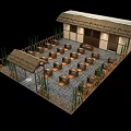 Traditional Chinese Thatched House Courtyard with Bamboo Fences Stone Path Wooden Doors and Windows