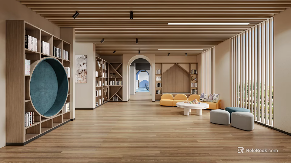 Entertainment Room With Wooden Floors Bookshelves Round Blue Seating Yellow Sofa And White Coffee Table 3d model 