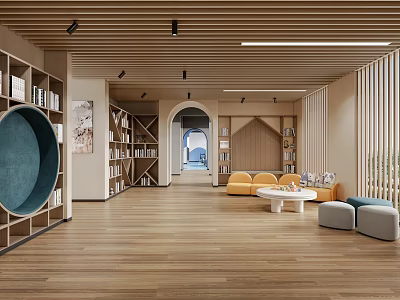 Entertainment Room With Wooden Floors Bookshelves Round Blue Seating Yellow Sofa And White Coffee Table 3d model