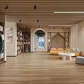 Entertainment Room With Wooden Floors Bookshelves Round Blue Seating Yellow Sofa And White Coffee Table