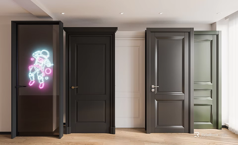 Colorful Hinged Doors In Black White Green With Wooden Flooring And Pink Neon Decor 3d model 