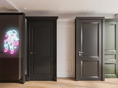 Colorful Hinged Doors In Black White Green With Wooden Flooring And Pink Neon Decor 3d model