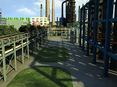 Industrial Plant Exterior With Metal Pipes Towers Green Grass And Platforms 3d model