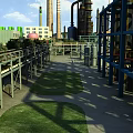 Industrial Plant Exterior With Metal Pipes Towers Green Grass And Platforms