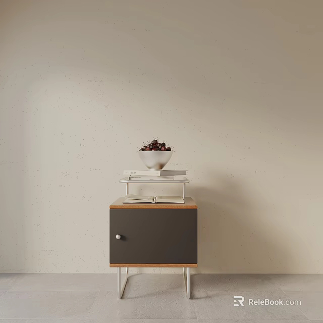 Modern Wooden Bedside Table With Grey Drawer Round Knob Books White Bowl Dark Fruits 3d model 