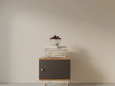 Modern Wooden Bedside Table With Grey Drawer Round Knob Books White Bowl Dark Fruits 3d model