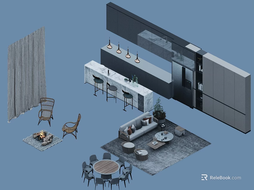 Modern Interior Design With Sofa Coffee Table Fireplace Dining Table And Curtains 3d model 