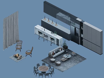 Modern Interior Design With Sofa Coffee Table Fireplace Dining Table And Curtains 3d model