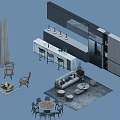 Modern Interior Design With Sofa Coffee Table Fireplace Dining Table And Curtains