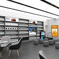 Modern Shopping Mall Retail Store with Open Layout Display Tables Chairs Shelves and Products