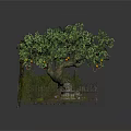 Decorative Tree Scene With Wrought Iron Fence Circular Base Yellow Fruits And Small Statue