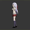 Child with white and purple hair wearing white top red plaid skirt making peace sign