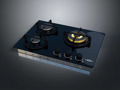 Modern Gas Stove With Four Burners Black Glass Surface And Control Knobs 3d model
