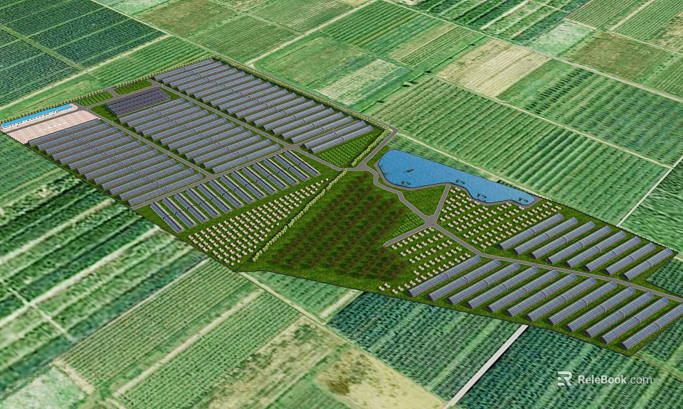 Aerial View Planning of Agricultural Area With Organized Farmland Greenhouses Water Pond and Paths 3d model 