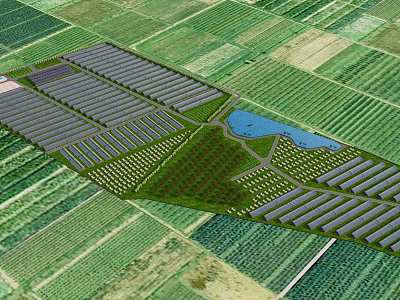 Aerial View Planning of Agricultural Area With Organized Farmland Greenhouses Water Pond and Paths 3d model