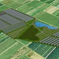 Aerial View Planning of Agricultural Area With Organized Farmland Greenhouses Water Pond and Paths