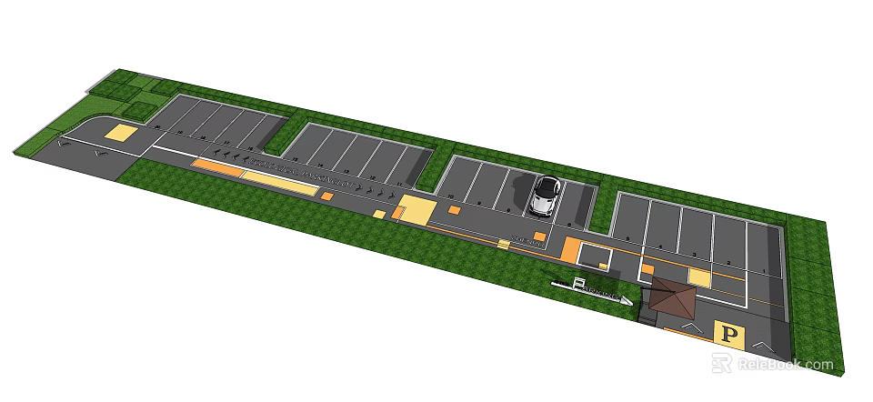 Organized Parking Lot Layout With Multiple Spaces Green Areas And White Car 3d model 