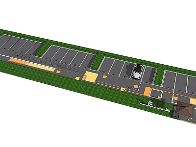 Organized Parking Lot Layout With Multiple Spaces Green Areas And White Car 3d model