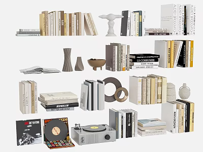 Assorted Books And Magazines With Decorative Items And Record Player 3d model