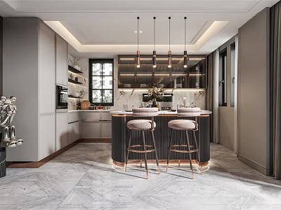 Modern Kitchen Interior With Gray Cabinets Island Counter Pendant Lights And Bar Stools 3d model