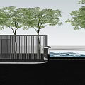 Modern Entrance Gate With Metal Fence Trees And Decorative Water Feature On Paved Ground