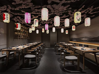 Japanese Restaurant Interior Featuring Cherry Blossom Ceiling Hanging Lanterns Wooden Tables And Chairs 3d model