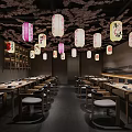 Japanese Restaurant Interior Featuring Cherry Blossom Ceiling Hanging Lanterns Wooden Tables And Chairs