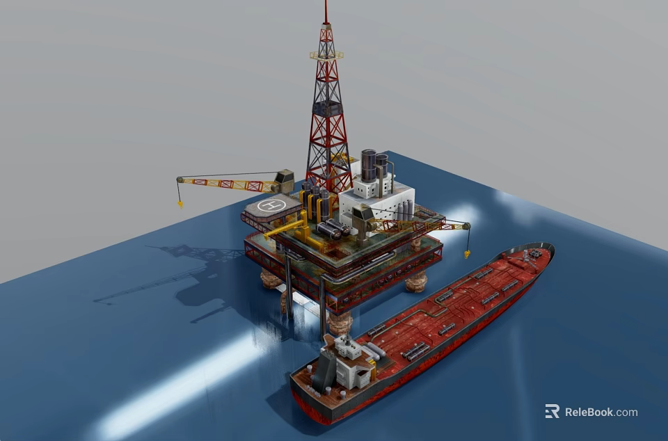 Operational Marine Industrial Equipment With Offshore Drilling Platform And Oil Tanker 3d model 