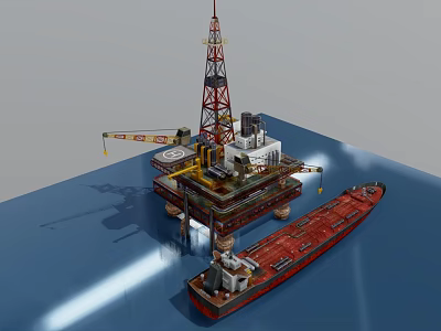 Operational Marine Industrial Equipment With Offshore Drilling Platform And Oil Tanker 3d model