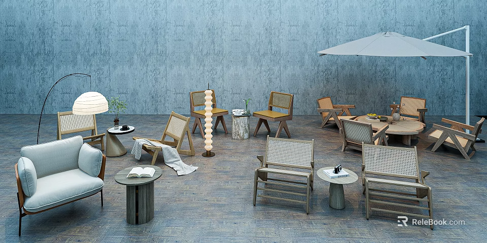 Modern Outdoor Table With Wooden Chairs Side Tables Floor Lamp And Umbrella In Open Space 3d model 