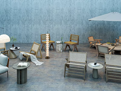 Modern Outdoor Table With Wooden Chairs Side Tables Floor Lamp And Umbrella In Open Space 3d model