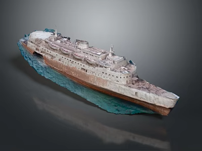 Weathered Vintage Ship with Rustic Hull Sailing on Blue Water Waves 3d model