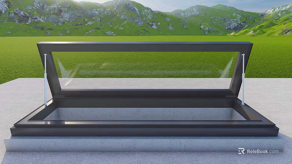 Residential Building With Glass Skylight Overlooking Green Grassland And Mountain Range 3d model 