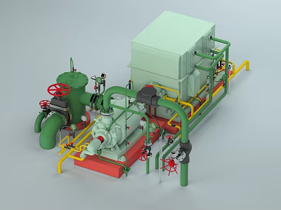 Industrial Equipment System With Green Pipes Red Valves Pump Unit Yellow Frames And Enclosure 3d model