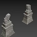 Mythical Stone Lion Statues As Game And Movie Characters With Ancient Pedestal And Red Symbol