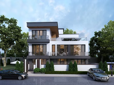 Modern Detached Villa Exterior Featuring Two Story Structure Large Windows And Surrounding Trees 3d model