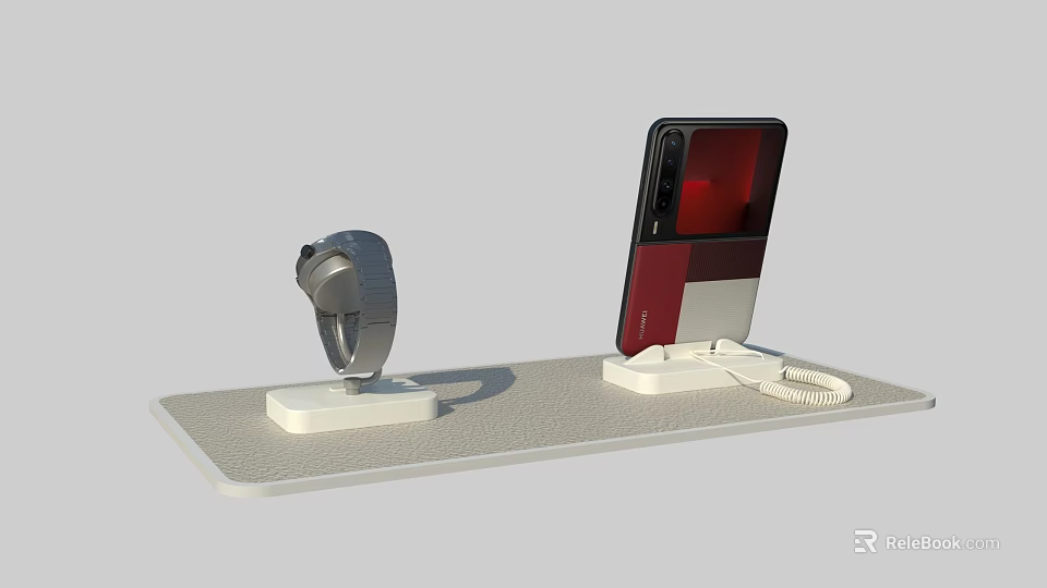 Red Black Smartphone and Silver Smartwatch Digital Products on Display Stand with Charging Cable 3d model 
