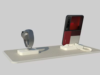 Red Black Smartphone and Silver Smartwatch Digital Products on Display Stand with Charging Cable 3d model