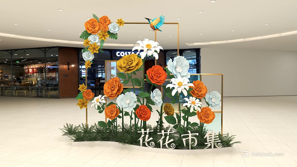 Flower Market Floral Installation With Colorful Roses Daisies Golden Frame and Bird in Mall 3d model 