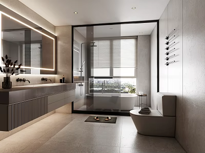 Modern Luxury Bathroom With Large Mirror Glass Shower Bathtub Double Vanity And Wall Mounted Toilet 3d model
