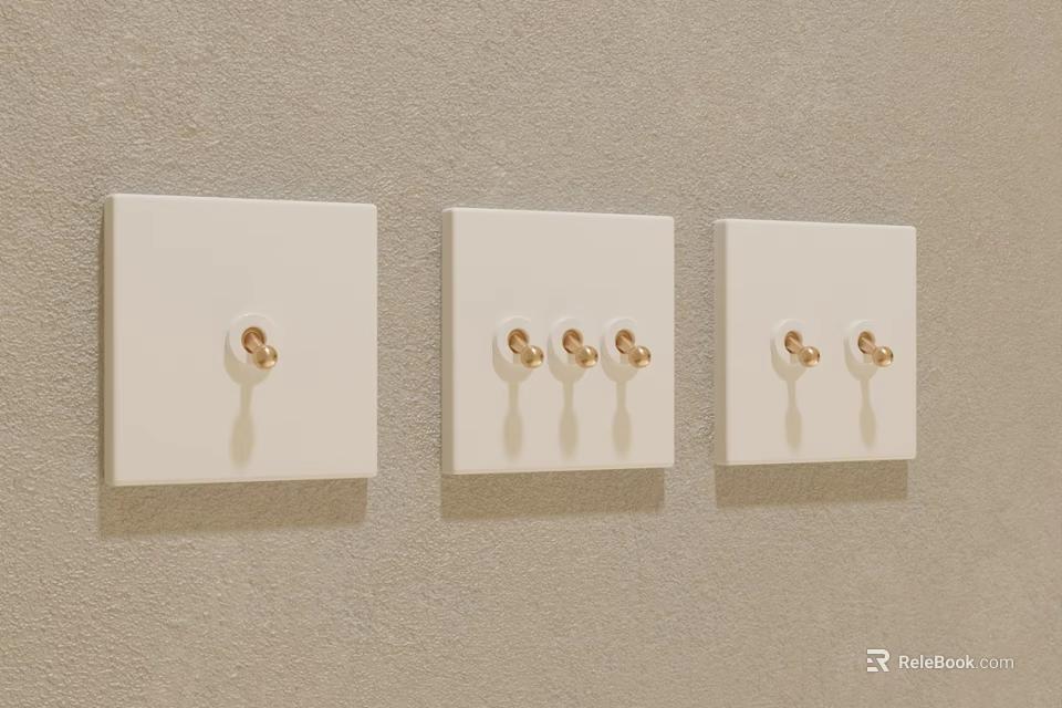 Three White Switch Panels With Different Numbers of Golden Switches Mounted On Light Colored Wall 3d model 