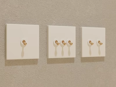 Three White Switch Panels With Different Numbers of Golden Switches Mounted On Light Colored Wall 3d model
