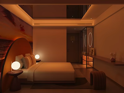 Modern Hotel Room With Sunset Seaview Mural Round Bedside Lamps Comfortable Bed And Warm Lighting 3d model