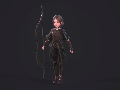 Brave Woman in Dark Outfit Holding Longbow with Upright Stance Against Dark Background 3d model