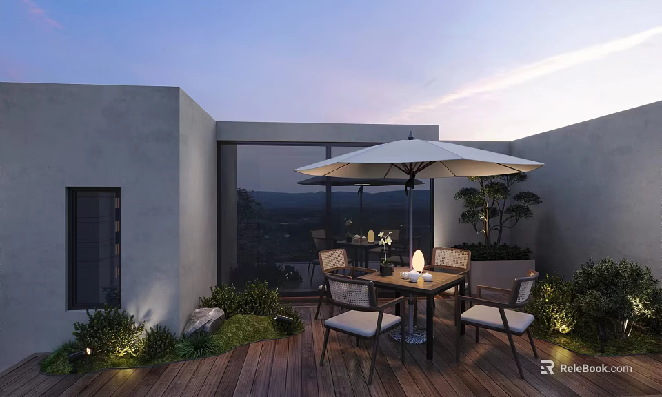 Roof Garden Design with Wooden Deck Table Chairs Umbrella Green Plants and Evening Sky View 3d model 