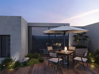 Roof Garden Design with Wooden Deck Table Chairs Umbrella Green Plants and Evening Sky View 3d model