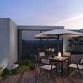 Roof Garden Design with Wooden Deck Table Chairs Umbrella Green Plants and Evening Sky View