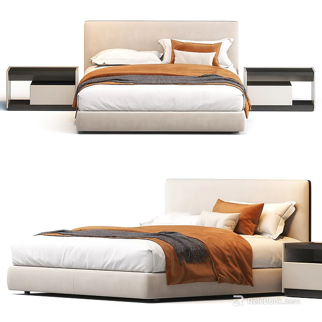 Modern Double Bed Design With Beige Headboard White Sheets Brown Blanket And Side Tables 3d model 