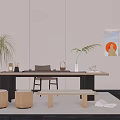 Minimalist Tea Table With Chairs Potted Plants And Decorative Buddha Niche On Rug